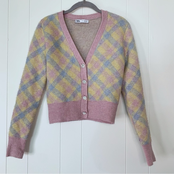 Zara Pink & Yellow Argyle Cardigan S - Picture 1 of 8